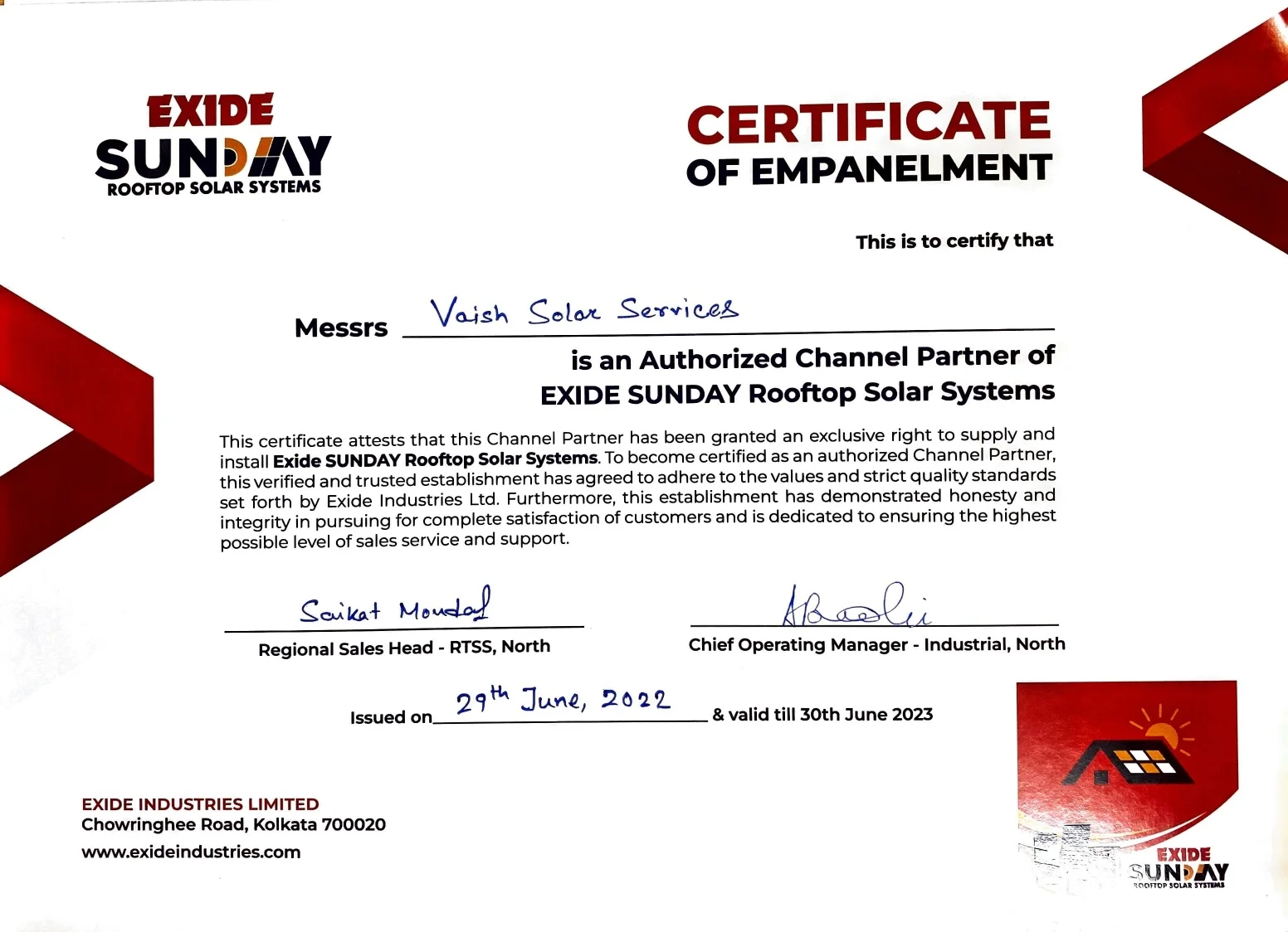 VAISH Solar Services certificate 2
