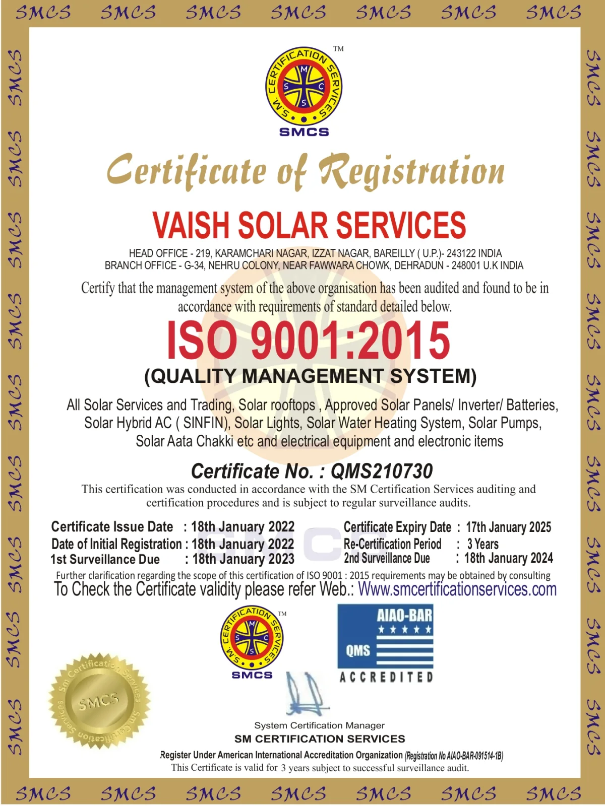 VAISH Solar Services certificate 6